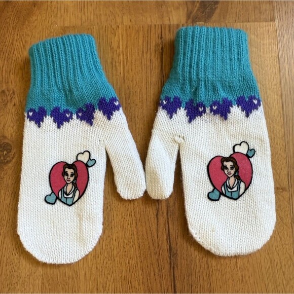 Vintage 90s Disney Beauty And The Beast Belle Mittens Aqvila Retro Aqua Purple - Picture 1 of 7